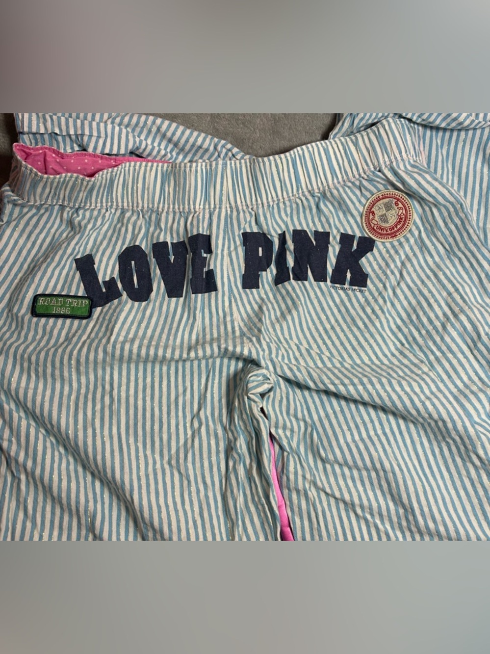 Y2K VS Pink Pajama Pants Baby Blue w/ Gold Stripe Size Small Great Condition